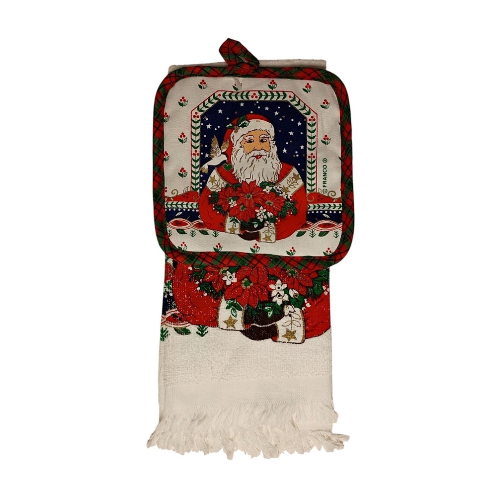 NOS Vintage FRANCO Kitchen Towel and Pot Holder Set Santa Claus Christmas